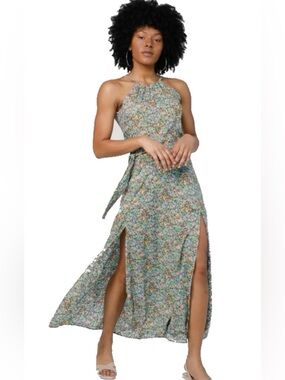 Silk & Salt Floral Halter Maxi Dress with Dual Slits - Green Floral